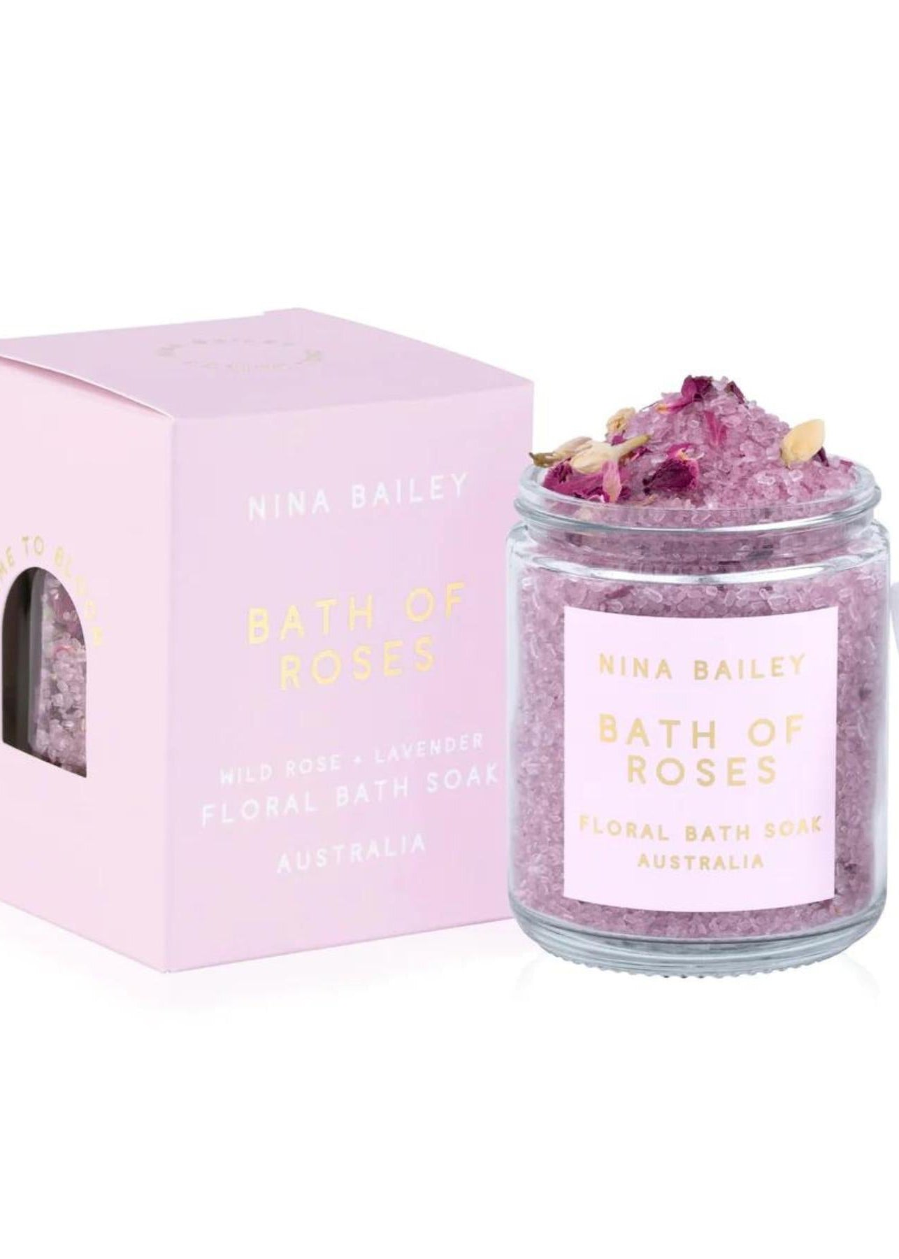 Glass Jar with Pink Rose Bath Salts, by Nina Bailey. Greenify Co.
