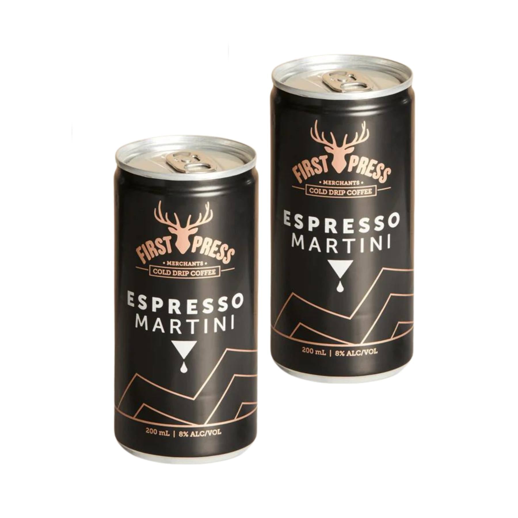 2 black and gold cans of Espresso Martini, 200ml Greenify Co. Perth