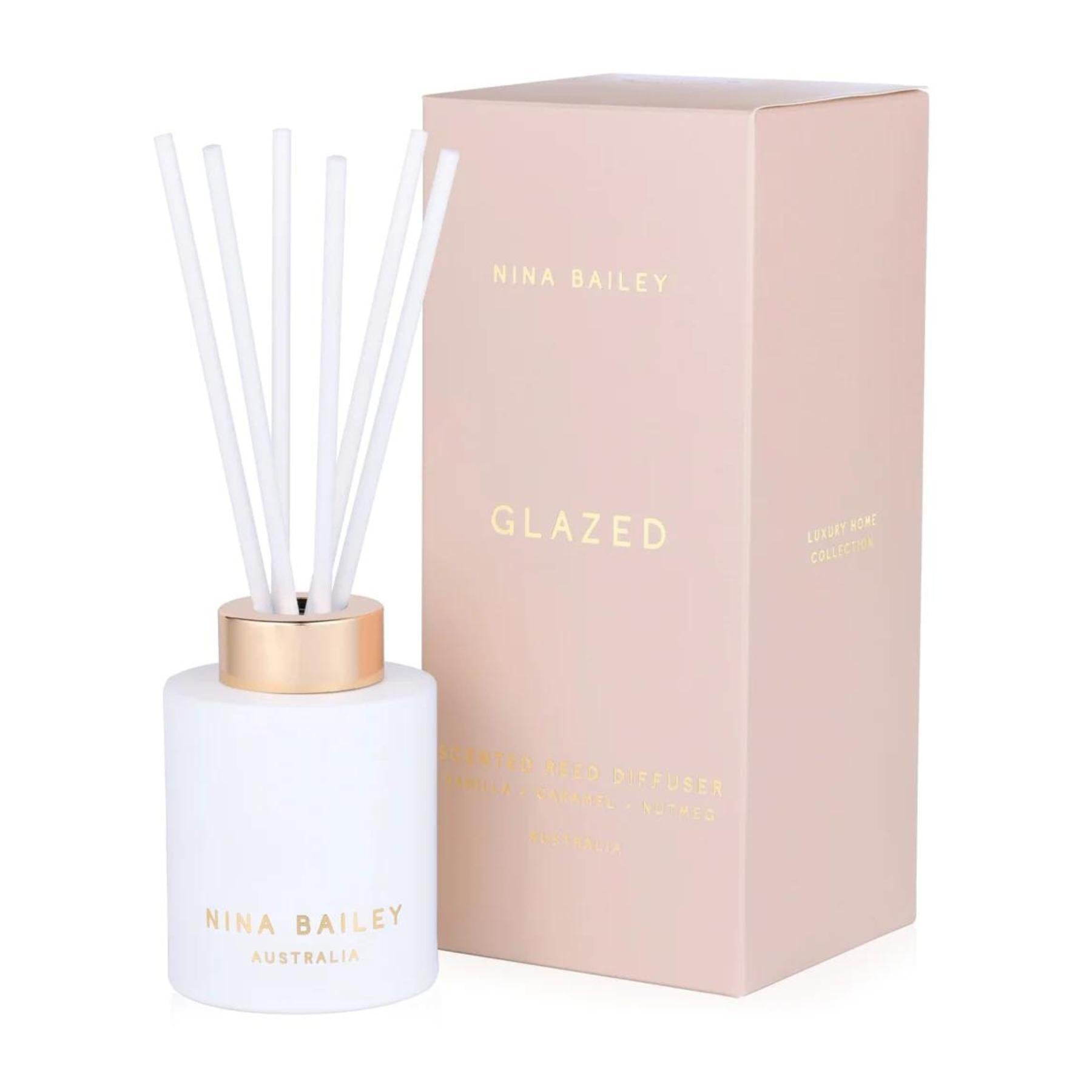 White Glass Jar Reed Diffuser with Dusty Pink Box, Nina Bailey.