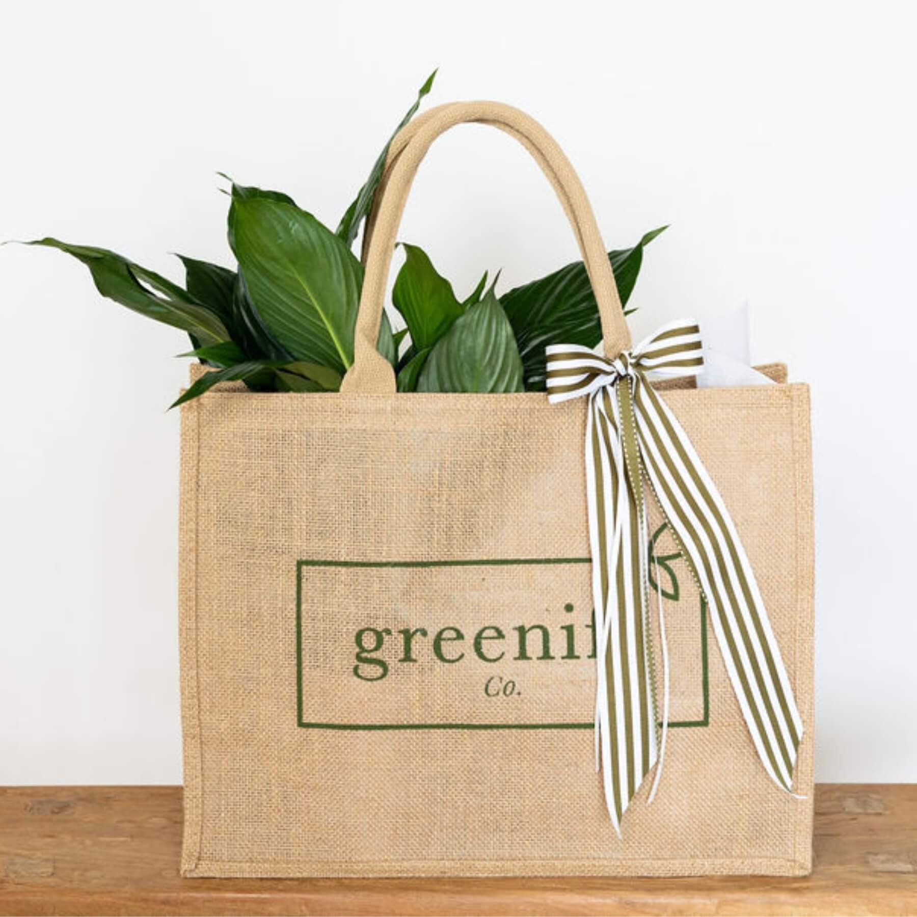 Greenify Co. Jute Shopping Bag with Peace Lily and Ribbons.