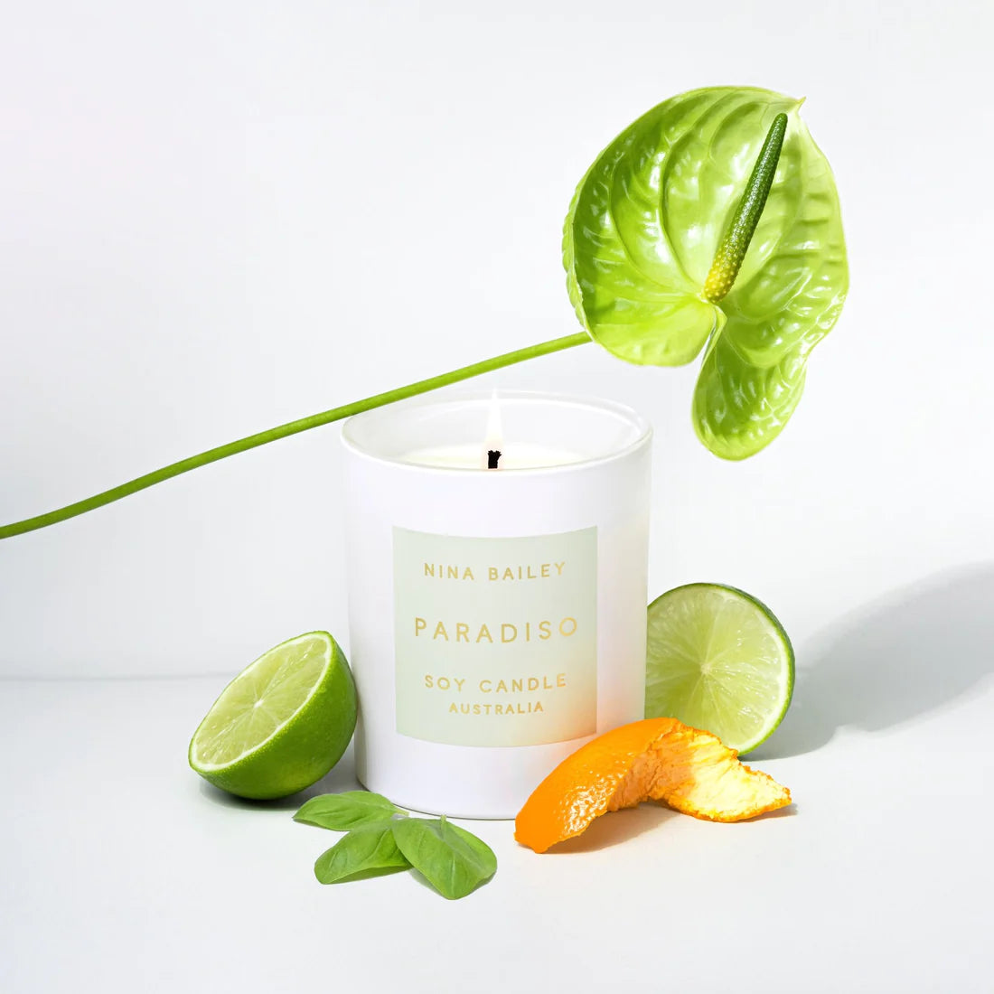 Lime, Basil Mandarin, Soy Candle in white glass jar, by Nina Bailey