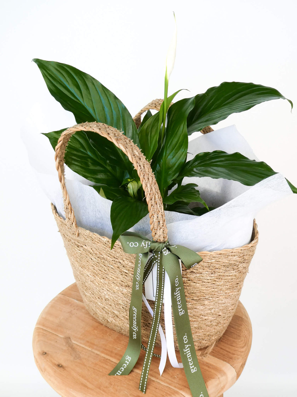 A potted peace lily plant with large green leaves, presented in a woven straw basket with white tissue paper and an olive green ribbon printed with the brand name 'AloFoods'. The basket sits on a round wooden stool against a plain white background.