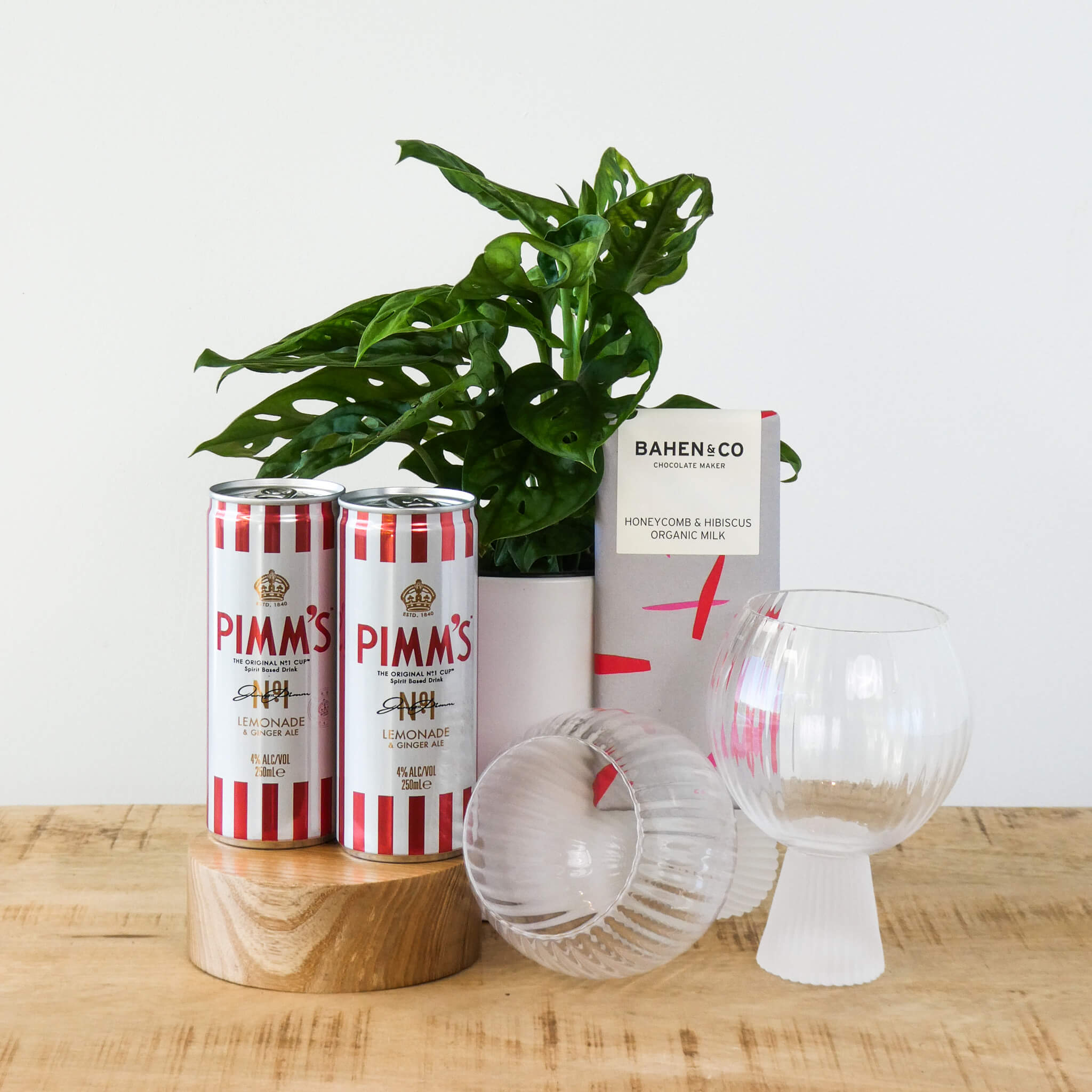 Pimms Cans, Balloon Glasses, Chocolate and Monkey Mask Plant Hamper