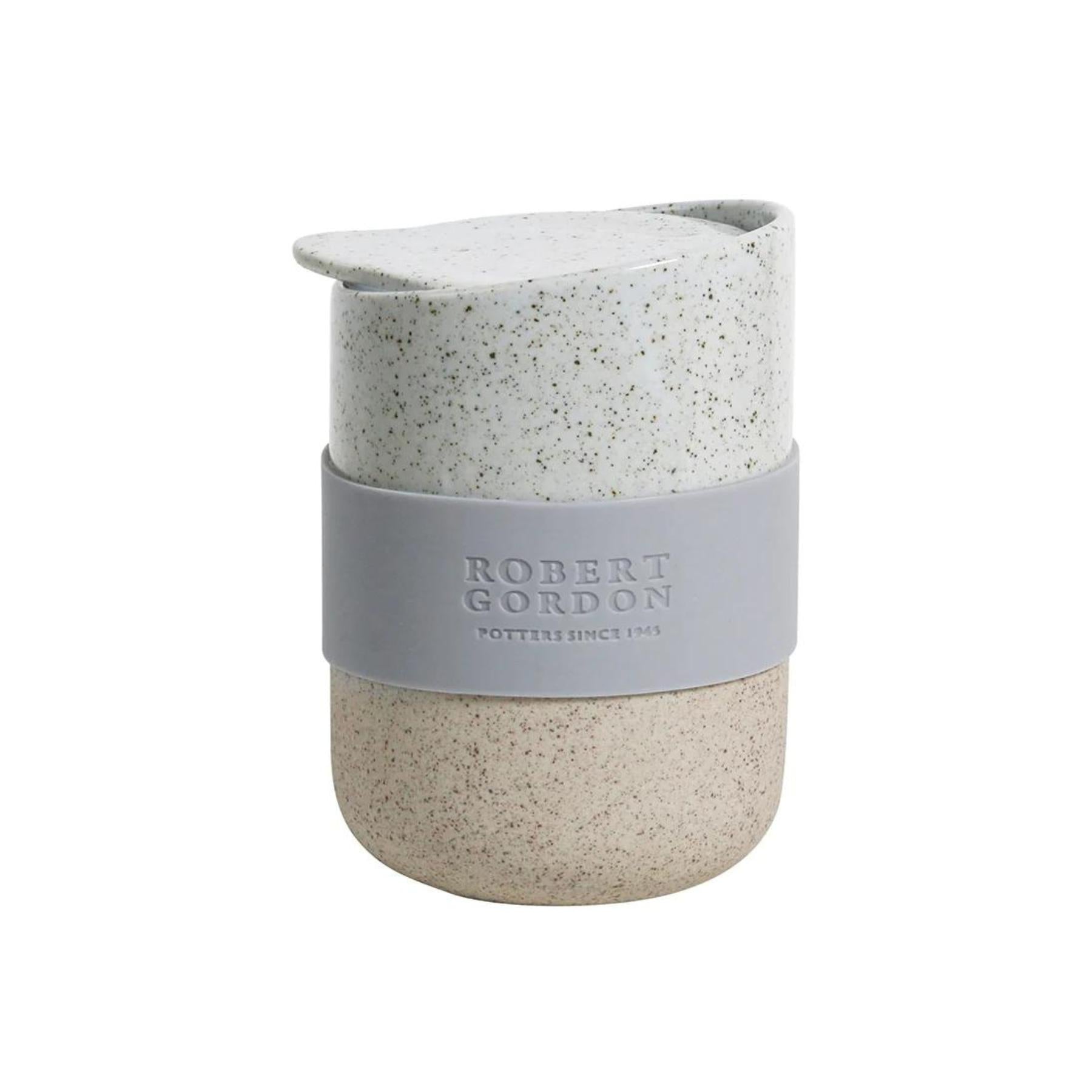 Sand Coloured speckled travel mug with silicone band, by Robert Gordon. Greenify Co.