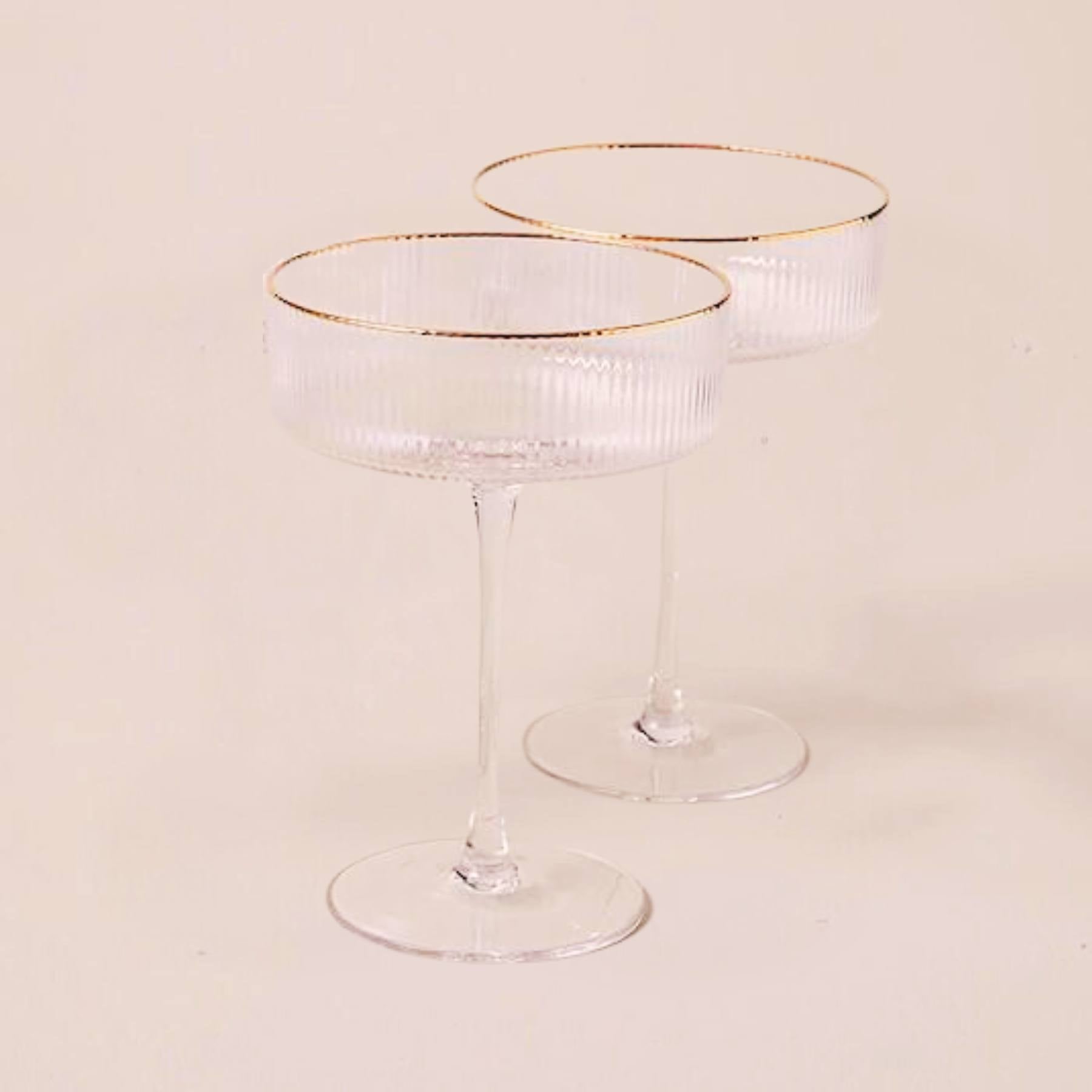 2 Ribbed Cocktail Glasses with a gold rim,. Greenify Co.