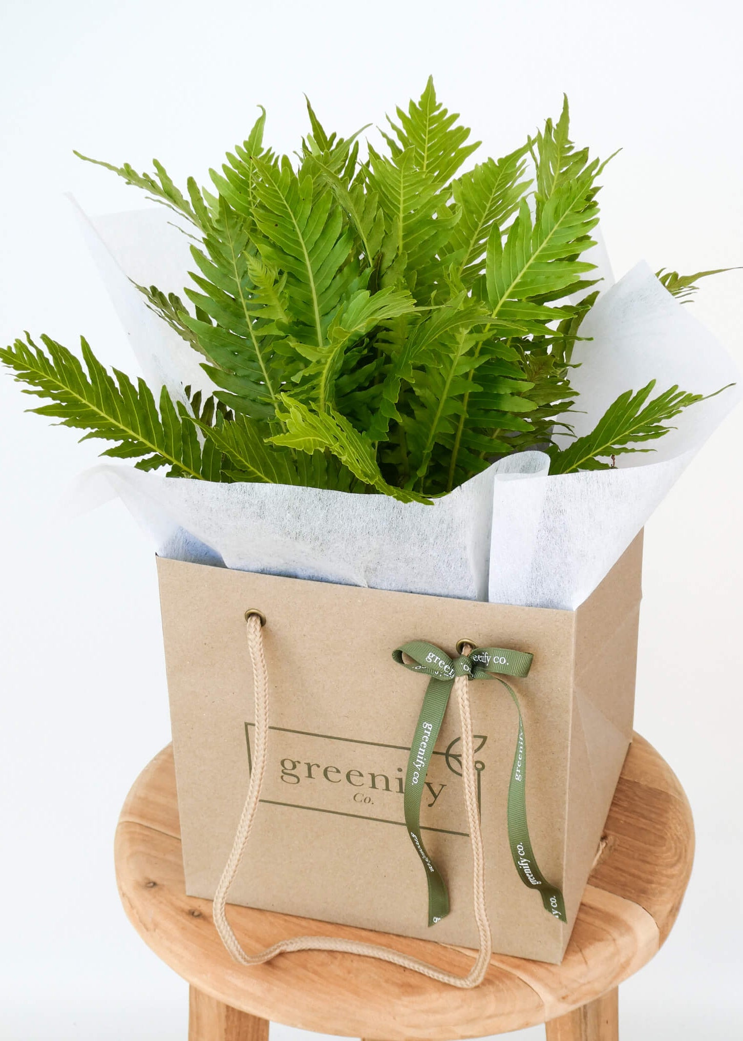 A green fern bouquet wrapped in white tissue paper and presented in a brown paper gift bag with the brand name 'greenity co' printed on it, sitting on a round wooden stool against a white background.