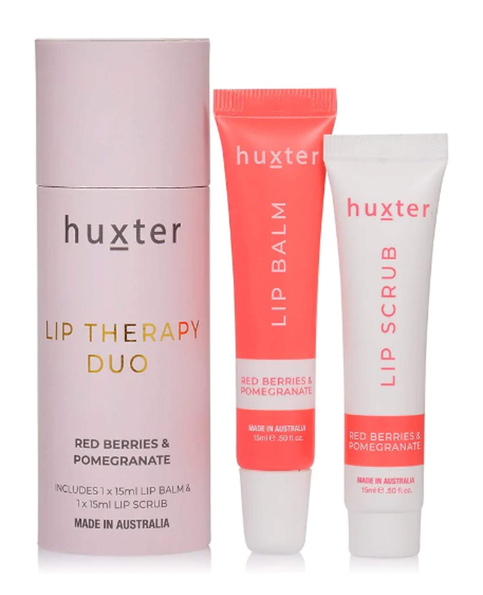Huxter Brand Lip Balm and Lip Scrub in pink and white tubes