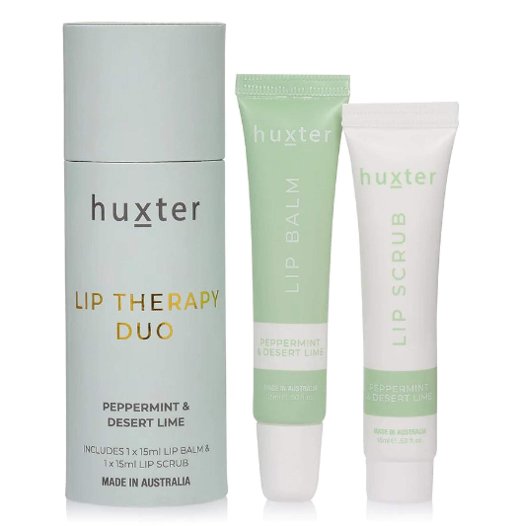 Huxter Brand Lip Balm and Lip Scrub in green and white tubes