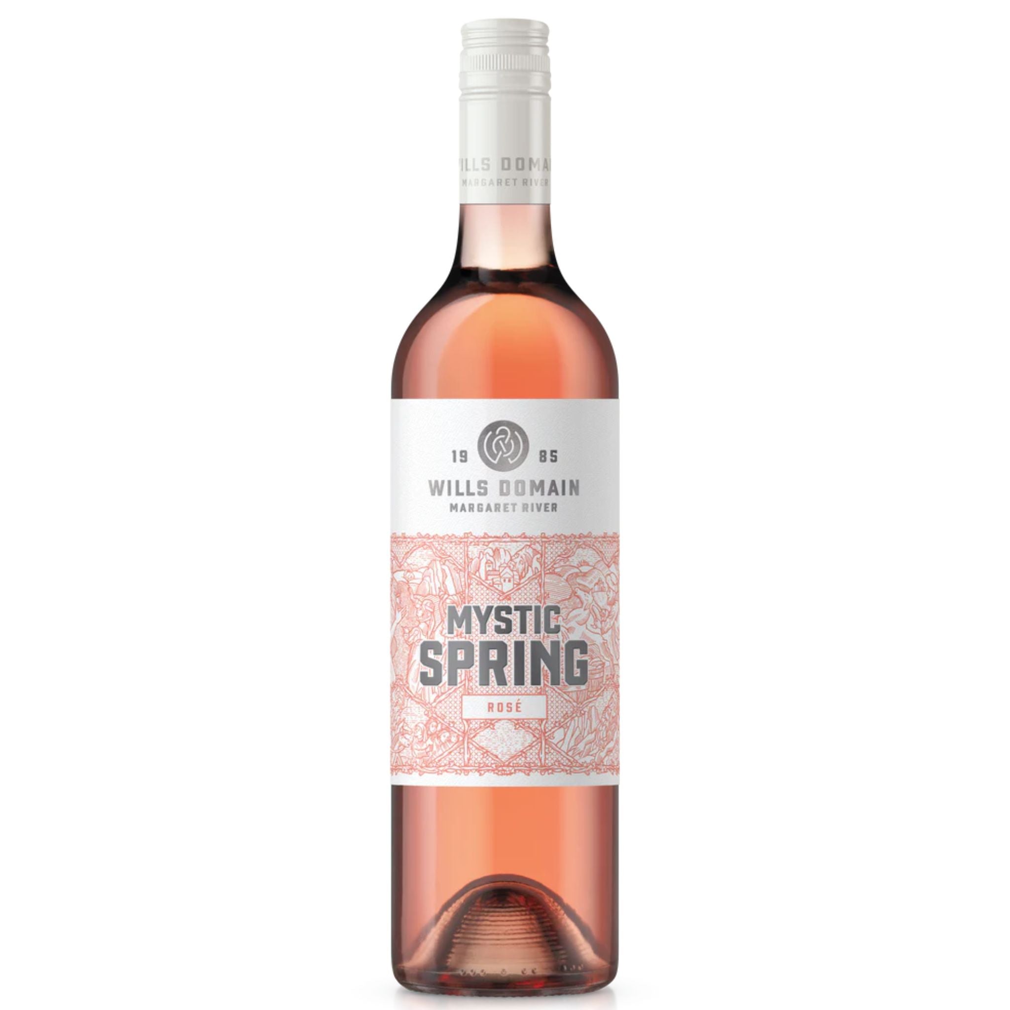 Bottle of Mystic Springs Rosé, pink and white label