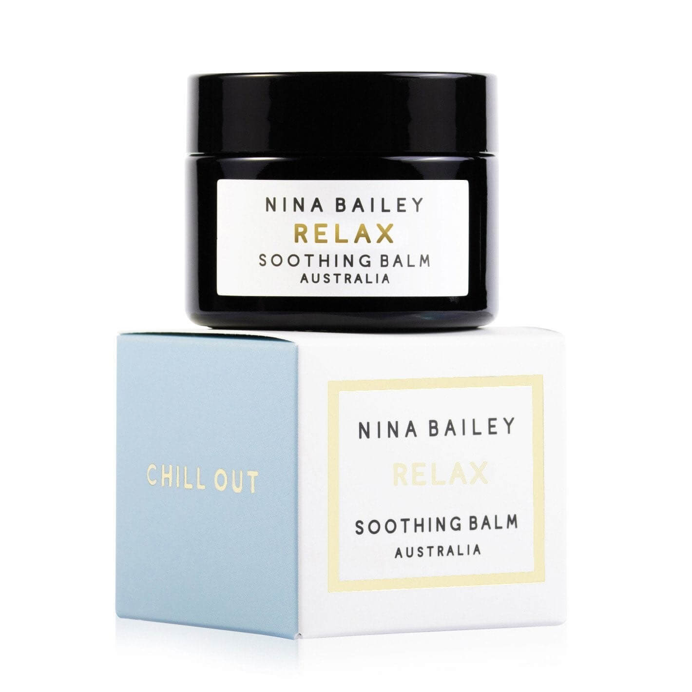 Relax Balm in Glass Jar and Blue Box by Nina Bailey, Greenify Co Perth