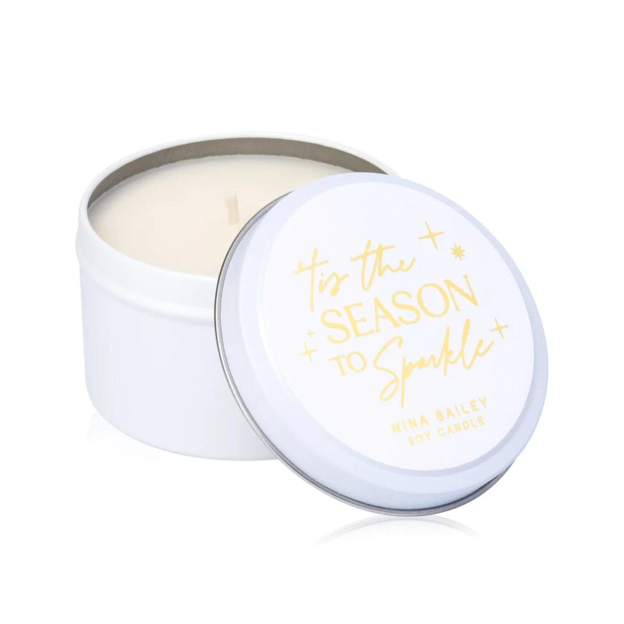 Christmas Candle in White Tin by Nina Bailey