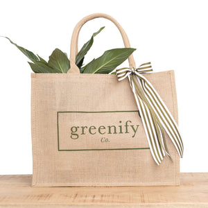 Greenify Co. Jute Shopping bag with ribbons and Peace LIly Plant