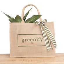 Load image into Gallery viewer, Greenify Co. Jute Hamper Bag with Peace Lily Houseplant and Ribbons